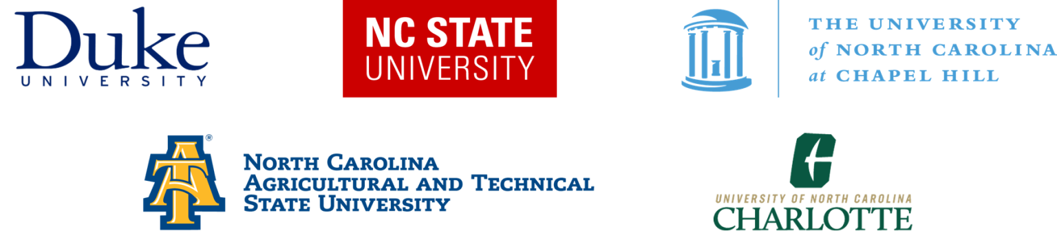 Logos of Duke, N C State, U N C, N C Ag and Tech State University, U N C C